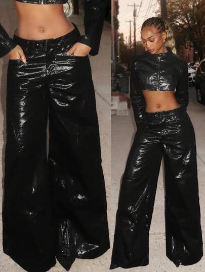 Jeanoix Women's Y2K Fashion Streetwear Faux Leather Coated Wide Leg Pants