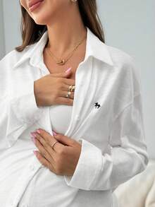 SHEIN 2pcs Maternity & Nursing White Autumn Casual Everyday Solid Color Button Front Shirt And Pants Set,Pregnancy Clothing Sleepwear Lounge Set Easycomfort - White - View 7