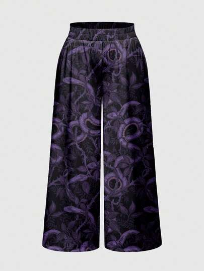 Goth Pantalones morados oscuros con hojas, espinas y enredaderas de plantas prohibidas de bruja talla grande