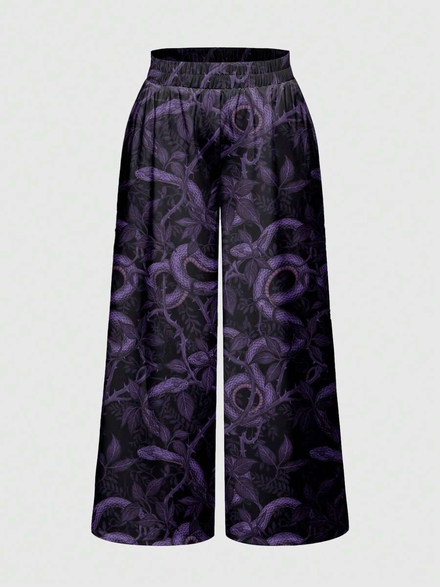 ROMWE Goth 加大码黑暗女巫禁忌植物叶刺藤蔓紫色深色裤子 - 黑色 - 查看 1