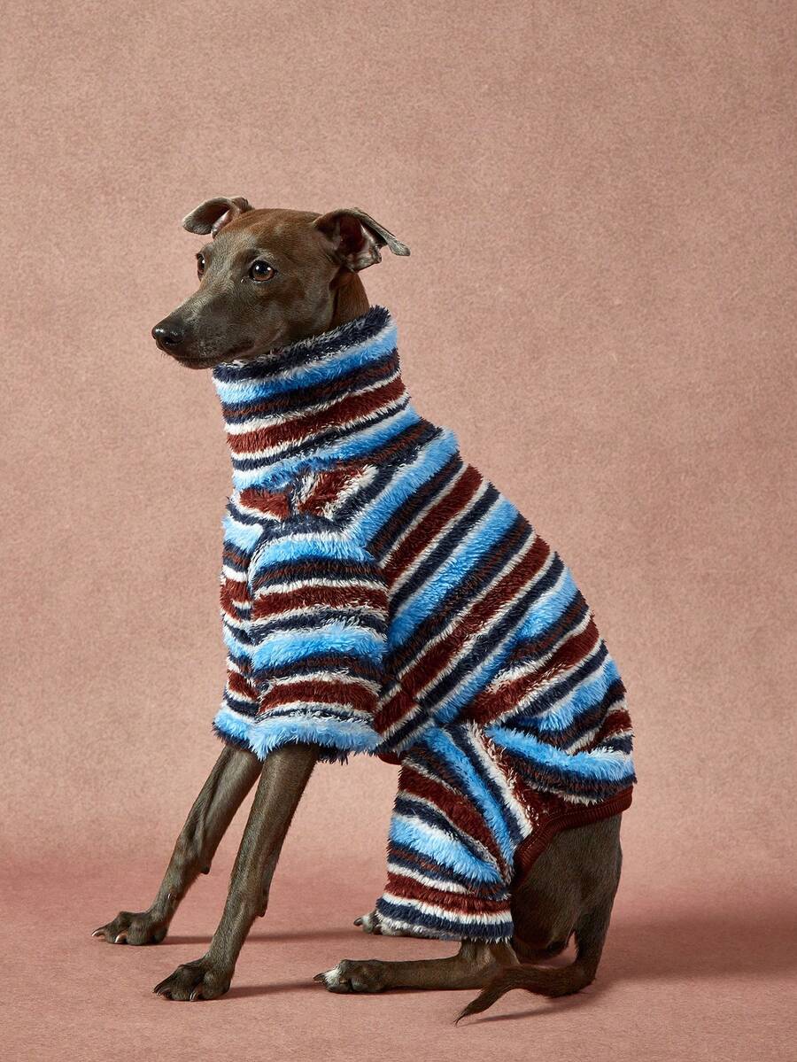 1 pièce Combinaison pour chien à col montant en peluche douce et élastique, style classique à rayures contrastées de couleur, style universitaire, convient pour l'automne/l'hiver - Multicolore - Voir 1