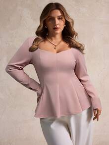SHEIN LUNE 大码女式甜心领方领荷叶边下摆休闲衬衫 - 藕粉色 - 查看 4