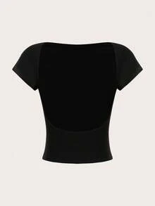 SHEIN EZwear Bộ 2 áo thun ngắn tay cổ tròn hở lưng màu đen dành cho nữ, thích hợp cho mùa xuân/hè - màu đen - Xem 4