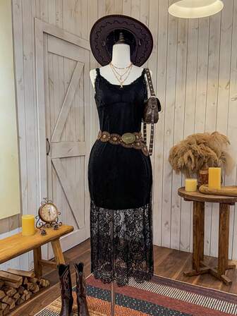 Wildy Vestido de slip maxi de estilo de calle para mujer, vestido de cubierta de verano casual de encaje transparente para festival de música, atuendo básico diario de vacaciones, conjunto de verano para mujer