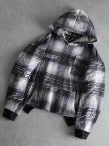 PAVTROS Men's Letter Embroidery Plaid Pocket Casual Loose Hoodie Acid Wash Hoodie Motorcycle Hoodie Grunge Hoodie Cropped Graphic Street Hoodie Men's Flannel Hoodie Men - Multicolor - View 1