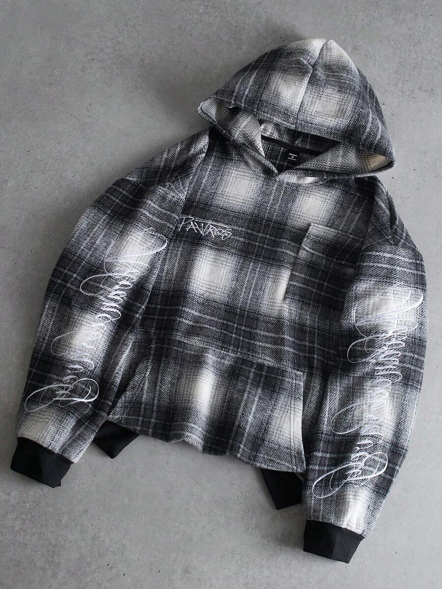 PAVTROS Men's Letter Embroidery Plaid Pocket Casual Loose Hoodie Acid Wash Hoodie Motorcycle Hoodie Grunge Hoodie Cropped Graphic Street Hoodie Men's Flannel Hoodie Men - Multicolor - View 1