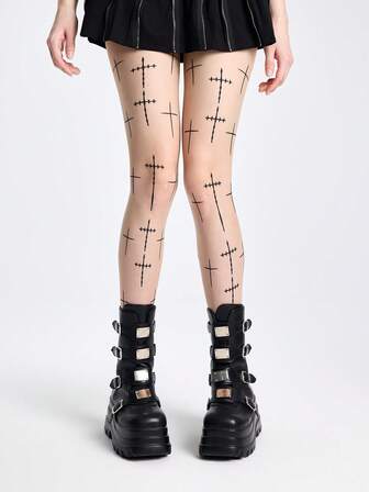 Goth 1 Paio di Collant Stile Gotico a Quadri Scuri & Stampa Leopardata