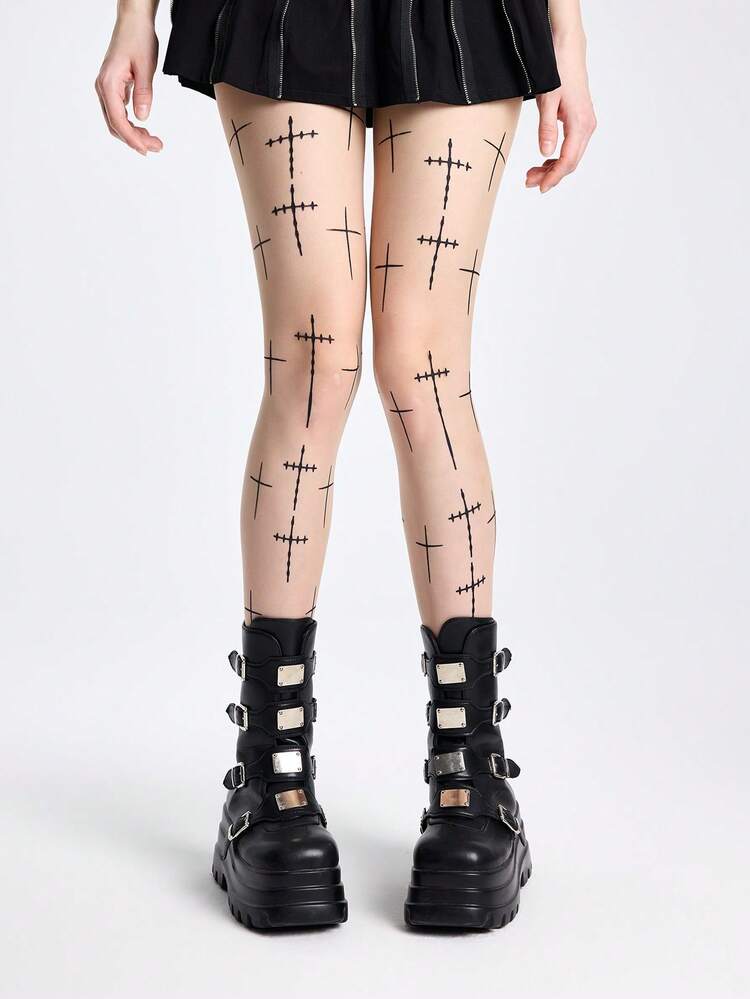 ROMWE 1 Đôi Quần Tất Phong Cách Gothic Họa Tiết Kẻ Caro Tối Màu & Da Báo - Màu da - Xem 1