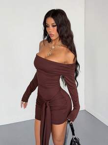 StreetHx 女士收腰褶皱系带露肩长袖迷你连衣裙 - 棕色 - 查看 3