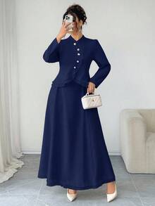 SHEIN Elenzya 大码挺括梭织面料高领长袖不规则弧形开口金色纽扣装饰收腰A字下摆荷叶边修身衬衫 + 收腰伞裙荷叶边半裙，优雅适合外出、通勤、聚会、约会等场合，两件套 - 藏蓝色 - 查看 4