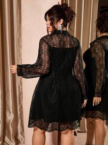 Elenzga 新款黑色百搭优雅蕾丝连衣裙。 - 黑色 - 查看 2