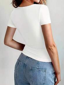 Mujer camiseta casual con estampado árbol de Navidad letras diseño relajado cuello redondo manga corta primavera verano uso diario - Blanco 2 - Ver 2