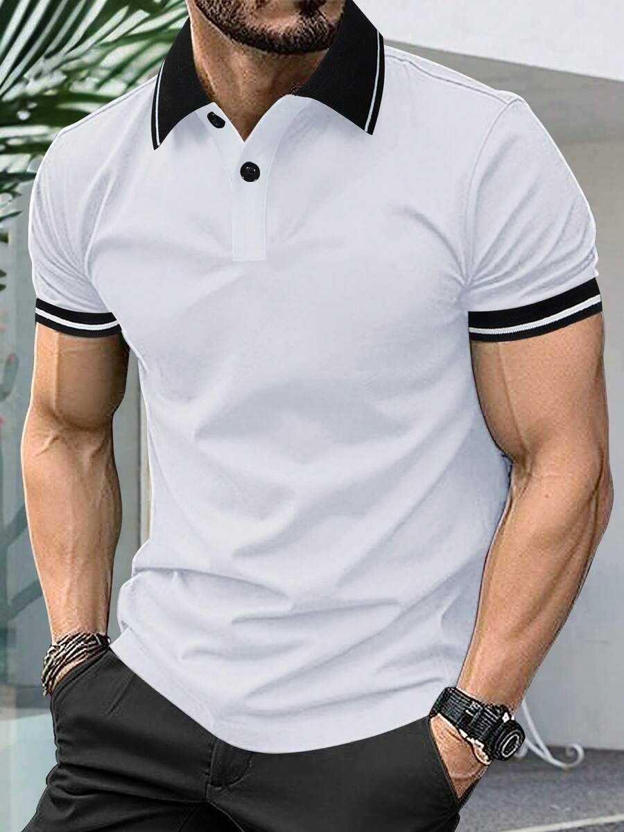 Manfinity Mode 加大码男士撞色拼接领休闲半拉链短袖Polo衫，男士T领T恤，黑白衬衫，男士服装在线，男士Polo衫，男士高尔夫球衫，复古风格，适合日常休闲、周末旅行、户外活动、探险旅行、轻松的工作环境或半正式场合，可作为男友/丈夫礼物、周年纪念/生日礼物、派对、圣诞节、新年、婚礼礼物。 - 白色 - 查看 1