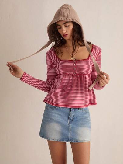 Easelle Vintage Nomadic Washed Distressed Square Collar Lace Patchwork Striped Women Top Cute Long Sleeve Top Cute Women Tops Babydoll Tops Square Neck Tops Long Sleeve Summer Top Summer Long Sleeve Top Striped Top Tops Casual