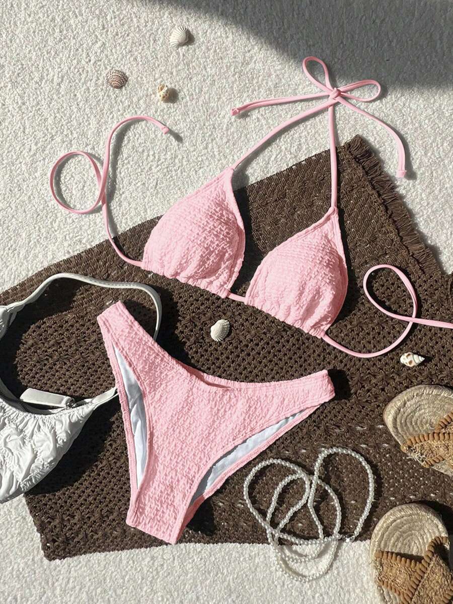 Swim Mod Solid Color Textured Halter Neck Split Swimming Suit, Bikini Set, Summer Beach - Baby Pink - View 1