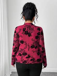 Elenzga Burgundy,Autumn,Elegant,Dinner Plus Size Women Mandarin Collar Printed Long Sleeve Button-Up T-Shirt,Fashionable Church Tops & Blouses For Women - Burgundy - View 2