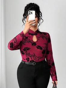 Elenzga Burgundy,Autumn,Elegant,Dinner Plus Size Women Mandarin Collar Printed Long Sleeve Button-Up T-Shirt,Fashionable Church Tops & Blouses For Women - Burgundy - View 7