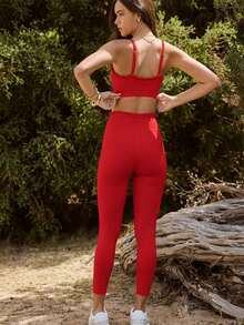 Aralina 休闲荷叶边无袖高腰运动短款上衣和紧身裤两件套 - 紅色 - 查看 2