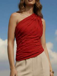 CAJUNI Women's Summer Vacation  Red  One Shoulder Sleeveless Crop Top, One Shoulder Top, Red Summer Top, Red Top - Red - View 3