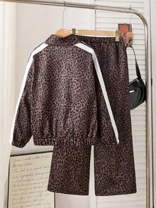 Sparklyn Fashionable Leopard Print Casual Jacket & Pants Set For Tween GirlsSpring/Autumn - Multicolor - View 2