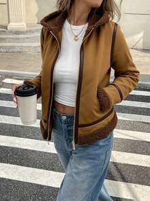 Chaqueta gruesa de otoño e invierno para mujeres - abrigo cómodo y cálido en el pelo compuesto, chaqueta versátil de moda, adecuada para varias ocasiones - Camel - Ver 2