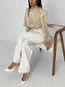 Aloruh Blusa Solta de Moda Feminina com Gola Alta, Manga Longa, Design Assimétrico e Cor Sólida, Ideal para Outono e Inverno - Champanhe - Visão 7