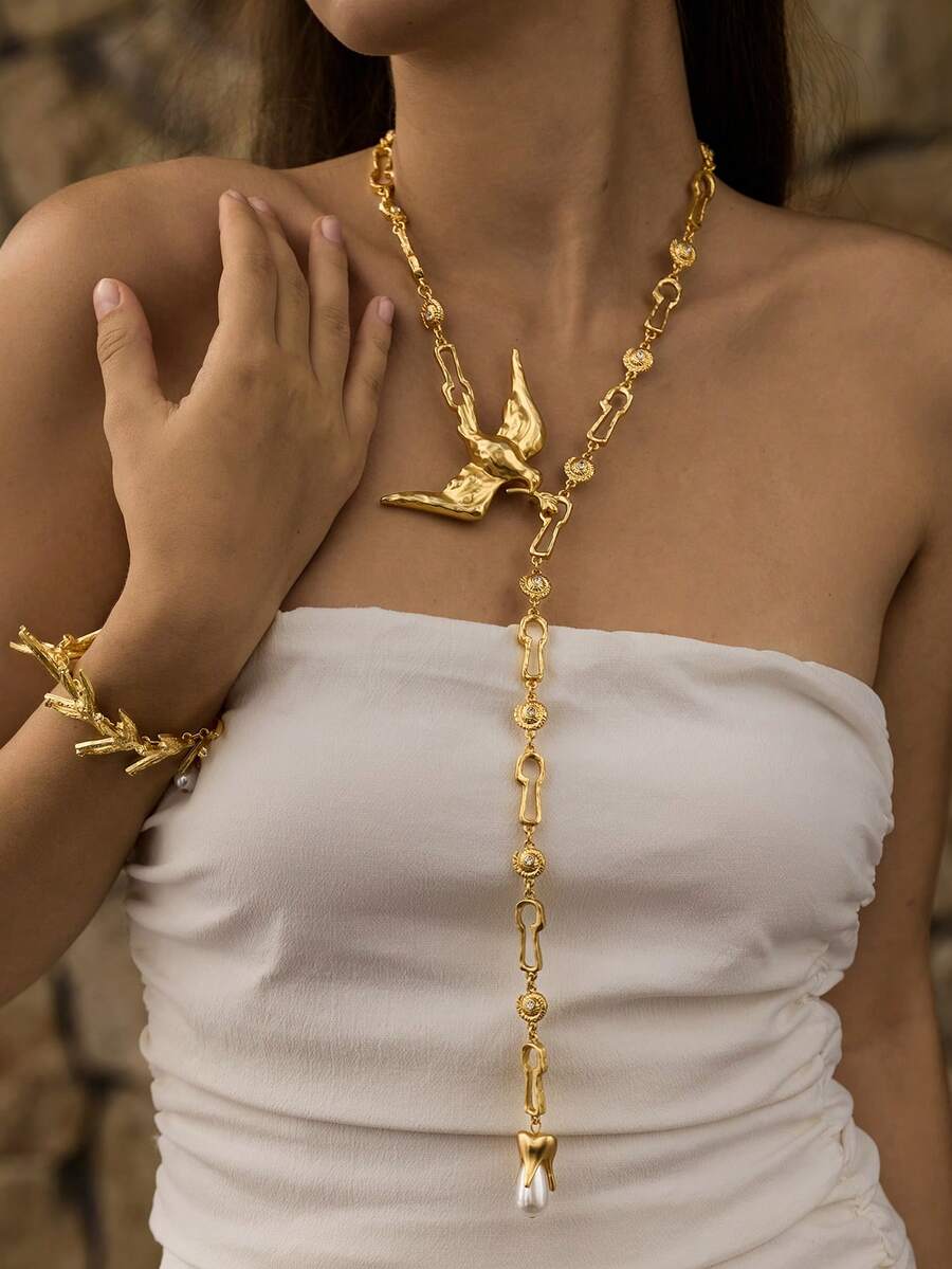 Opalesca Women Long Necklaces,Outfits,Old Money,Beaded,Wedding/Bridal Accessories,Fairycore/Fairy,Pearl,Flower,Fall/Autumn/Winter,For Mom/Women/Girl/Mother,Elegant,Premium - Yellow Gold - View 1