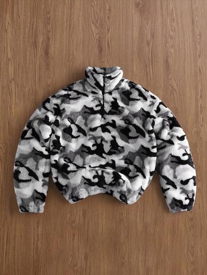 TOKVUE Men's Camouflage Pattern Zipper Half-Placket Fleece Loose Pullover Quarter Zip Pullover Sweatshirt, Streetwear, Friends, Matching, Baggy, For Men