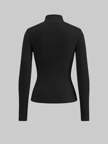 SHEIN BASICS 女士休闲简约黑色高领T恤，适合春秋季穿着 - 黑色 - 查看 2