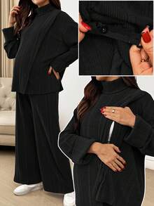 SHEIN 2件套孕妇休闲长袖上衣和裤子套装 - 黑色 - 查看 8