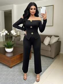 SHEIN Clasi 1 Bộ đồ lót nữ tay dài hở vai cài nút kim loại thanh lịch cỡ lớn hai mảnh - màu đen - Xem 4