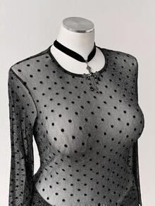 Sunspun Silver Metallic Mesh Polka Dot Flocked Fitted Crew Neck Long Sleeve Plus Size T-Shirt