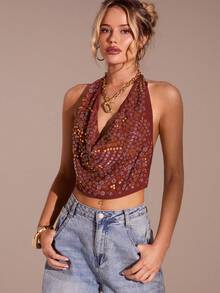 Glamine Women's Y2K Rhinestone Halter Cropped Fashionable Sexy Camisole Hippie Top Western Crop Top Bandana Top Women Cowgirl Top Scarf Top - Red - View 1