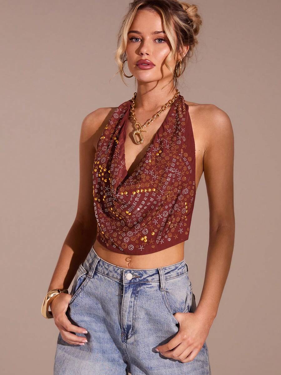 Glamine Women's Y2K Rhinestone Halter Cropped Fashionable Sexy Camisole Hippie Top Western Crop Top Bandana Top Women Cowgirl Top Scarf Top - Red - View 1