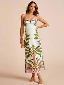 CAJUNI 女士休闲热带度假风水彩椰树花卉印花粉绿米色佩斯利抹胸无袖系带长裙，优雅长裙，约会装扮 - 杏色 - 查看 4