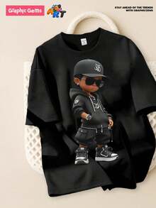 SHEIN 少年男孩夏季休閑印花寬鬆T恤 - 黑色 - 查看 3