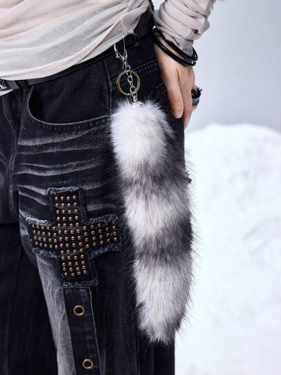 Grunge Punk 1pc Y2K Retro Cute Personalized Versatile High-Quality Brown Ombre Faux Fur Fox Tail DIY Keychain Bag Charm, Suitable For Women/Girls Daily Wear, Holiday Gift