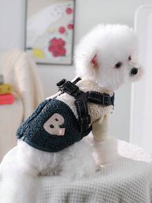 PETSIN 1件宠物服装，猫狗通用款，时尚加厚绿白撞色背心，带防滑扣，冬季保暖外套