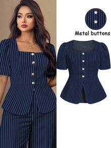 Auvina Plus Size Women Elegant Casual/Work Minimalist Striped Short Sleeve Shirt - Navy Blue - View 3
