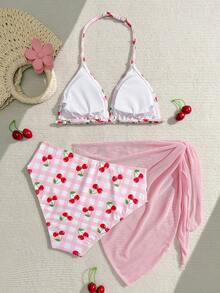 SHEIN Teen Girl Cute Cherry Print Bikini Swimsuit Set With Cover-Up And Mini Skirt Cherry Bathing Suit Teen Swimsuits Pink Teen Pink Gingham Bikini Bikini Set For Teens Pink 2 Piece Swimsuit Teen Summer Pink Vacation Girls 2 Piece Bikini Set With Sarong Skirt Tied Waist Swimwear Beachwear High Waisted Girls Skirt Bathing Suit Summer Vacation Thermal Christmas Holiday Festival New Years Valentines Swim 
رمضان
عباياتabaya جلابياتjalabiya جلابيه Bikini With Skirt Beachwear Girls Cherry Bikini Pink Swimsu - Pink - View 4