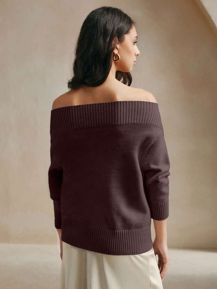 Anewsta Women's Off-Shoulder Christmas Sweater, Elegant Women's Winter Knitted Beaded Pullover Sweater