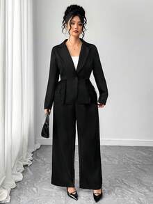 Elenzga 2pcs Plus Size Women Elegant Turndown Collar Long Sleeve Lace Patchwork Fitted Blazer Set, Spring/Autumn - Black - View 5