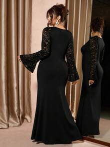 Cravure 新款大码女士优雅舞会礼服，黑色撞色蕾丝喇叭袖鱼尾裙摆，显瘦拉长身形，适合派对、舞会、日常场合，展现迷人S形曲线，都市时尚，优雅妩媚的日常装扮。 - 黑色 - 查看 2