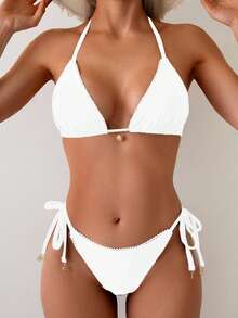 Swim Vcay 两件套女士极简性感蕾丝边三角比基尼套装，带挂脖系带 - 白色 - 查看 3
