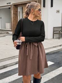 Lounesse 大码女式高领黑色针织长袖上衣搭配卡其色灯芯绒 A 字裙，大码连衣裙适合日常穿着、约会、时尚 - 彩色 - 查看 4