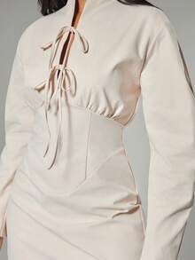 Hauture Women's Simple Casual Office High Neck With Front Tie And Long Barrel Sleeves Tailored Dress - White - View 5