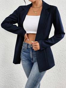 SHEIN Unity Blazer de cintura ceñida de unicolor, amigable para el transporte - Azul Marino - Ver 4