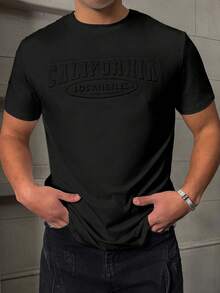 Manfinity Homme Camiseta casual y versátil de unicolor con estampado de letras en relieve para hombre, de verano - Negro - Ver 3
