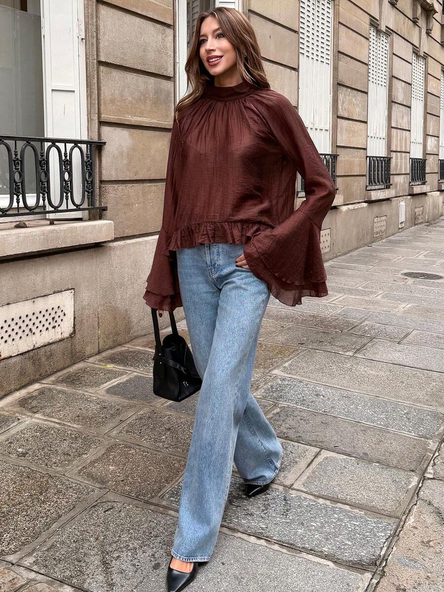 SHEIN PariChic Áo cánh nữ cổ vuông tay loe viền bèo nhún thanh lịch cổ điển - màu nâu - Xem 1