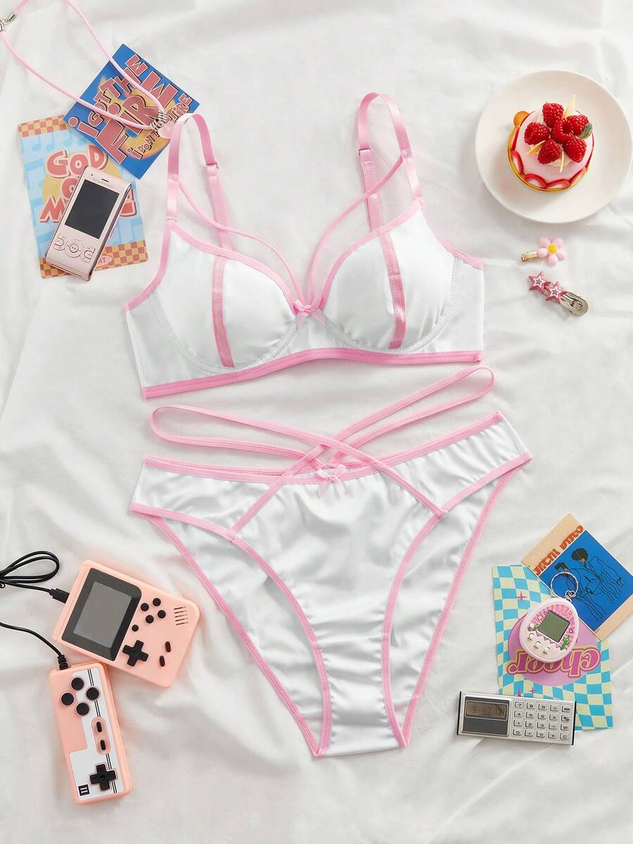 SHEIN 2件套女士甜美撞色无钢圈文胸内裤套装 - 白色 - 查看 1